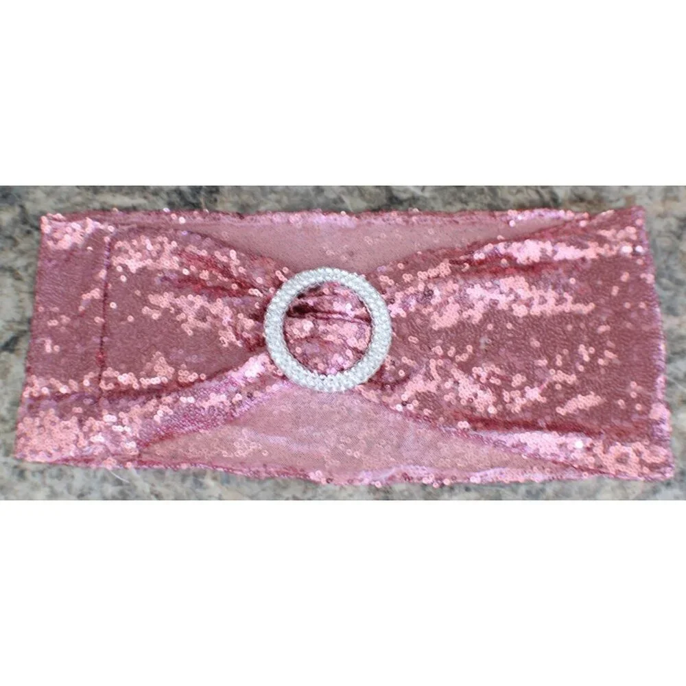 Lot 10 Pink Sequin Chair Sashes Rhinestone Buckles Parties Decor Wedding Events